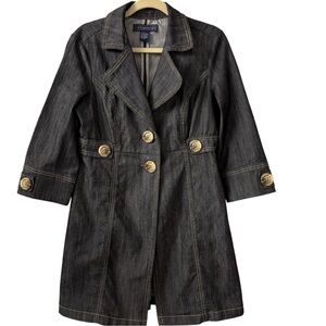Baccini Dark Denim Trench Coat Duster 3/4 Sleeve M Vintage Y2K Mint Condition